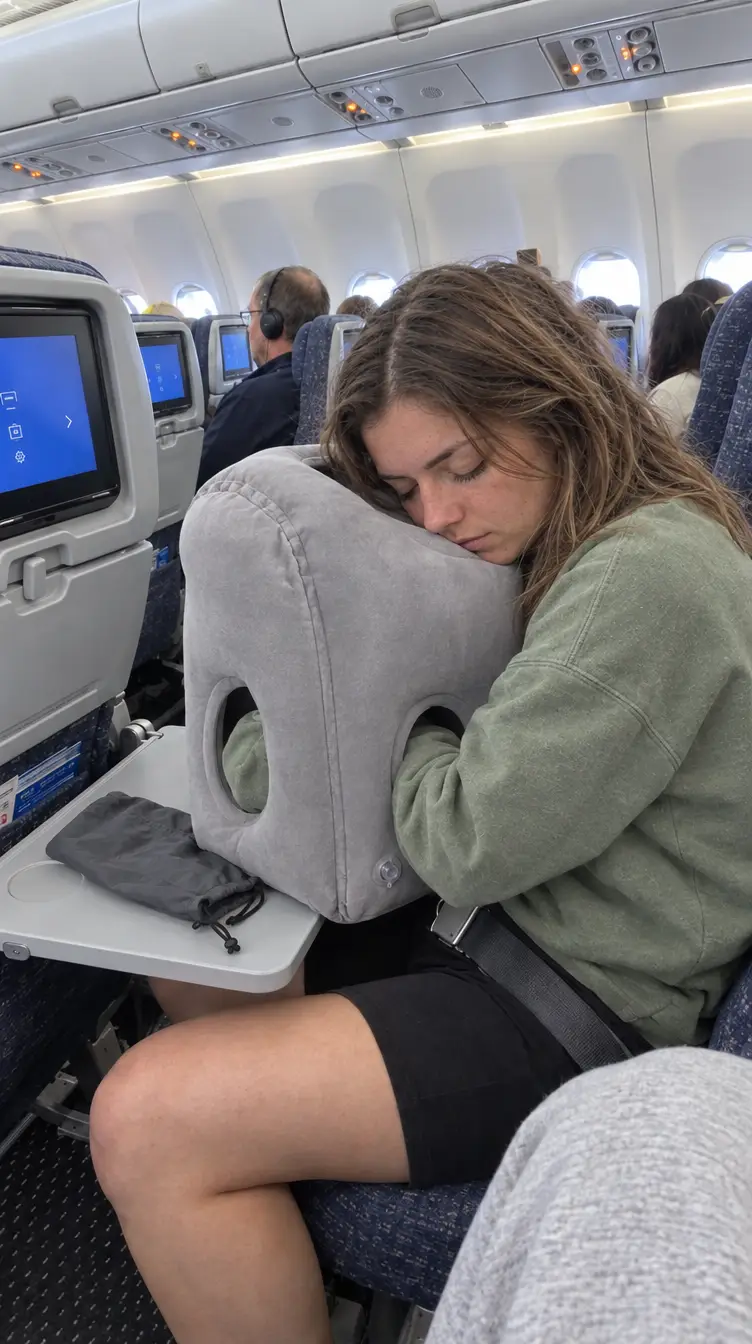 A passenger asleep on the Faceplant Mode pillow on her tray table